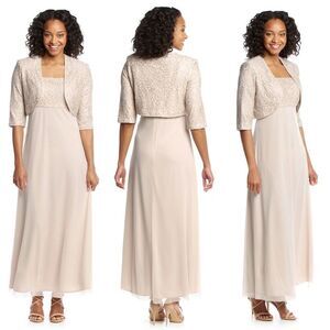 New! R&M RICHARDS Women's 2-Piece Sequin Lace Jacket Dress Set 14W Champagne